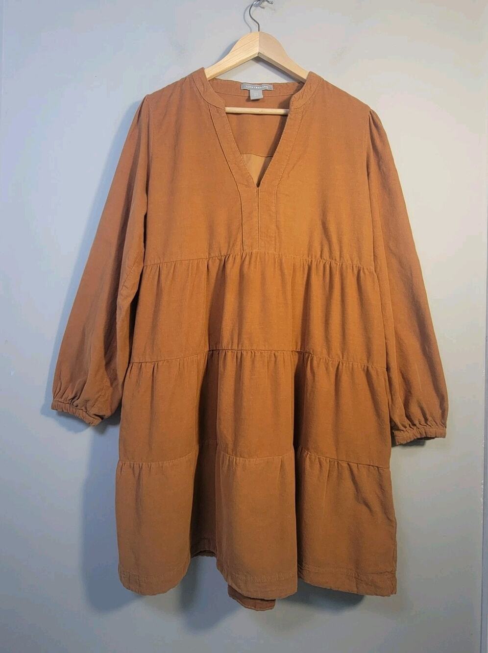 Lucky Brand XL Long Sleeve Babydoll Tiered Corduroy Dress Brown